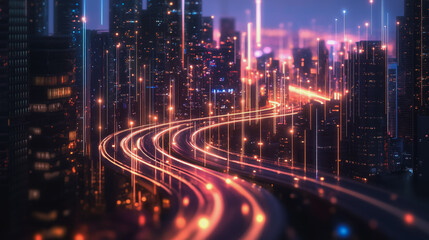 Fototapeta premium Smart digital Innovation city with connection network reciprocity over the cityscape. of future smart wireless digital city and social media networking systems that connects people with in city