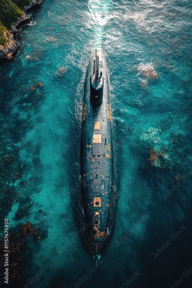 Poster Aerial view of a submarine in the ocean, useful for use in educational or informative content