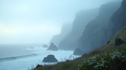 Ethereal mist blankets the sea, creating a serene and atmospheric scene. Soft light pierces through the haze, hinting at the horizon.