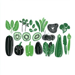 A vibrant arrangement of fresh green vegetables and herbs, showcasing a variety of shapes and textures.