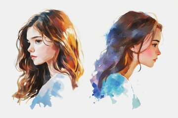 Portrait of two women with long hairstyles, sitting or standing together