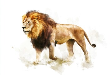 A majestic lion sitting on a clean white surface, created with watercolor technique