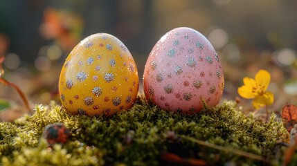 Easter eggs sitting on moss, natural setting