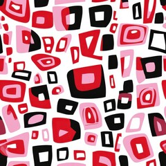 Colorful abstract pattern featuring various red and black shapes on a white background.