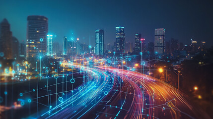 Fototapeta premium Smart digital Innovation city with connection network reciprocity over the cityscape. of future smart wireless digital city and social media networking systems that connects people with in city