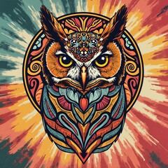 Owl illustration with vibrant patterns on abstract background, Print for T-Shirt