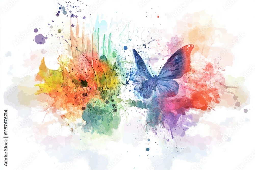 Poster a vibrant watercolor painting of a colorful butterfly with intricate details and subtle texture