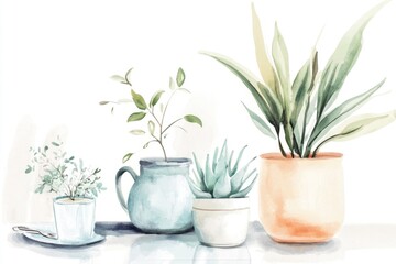 Fototapeta premium Three potted plants sit on a table