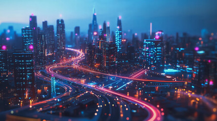 Fototapeta premium Smart digital Innovation city with connection network reciprocity over the cityscape. of future smart wireless digital city and social media networking systems that connects people with in city