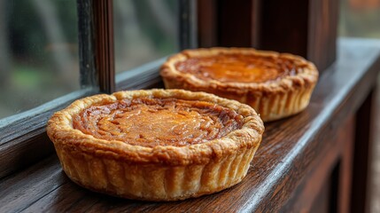 Freshly Baked Pumpkin Pies on a Wooden Windowsill with Natural Light Highlighting Their Golden Crust and Delicious Filling