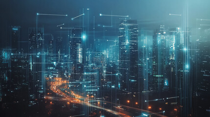 Smart digital Innovation city with connection network reciprocity over the cityscape. of future smart wireless digital city and social media networking systems that connects people with in city