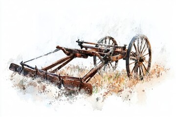 Watercolor painting of vintage farm machinery
