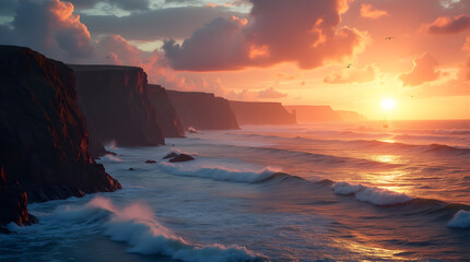 Fototapeta premium Sunset over the sea paints the sky with vibrant orange and red, mirrored on the serene water. A tranquil and colorful end to the day.