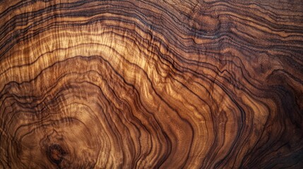 Naklejka premium Close-up view of a wooden surface with intricate and wavy grain patterns, showcasing shades from light to dark brown, creating a visually appealing natural texture