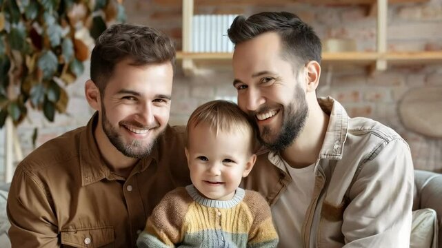 portrait of male gay couple with cute little son at home