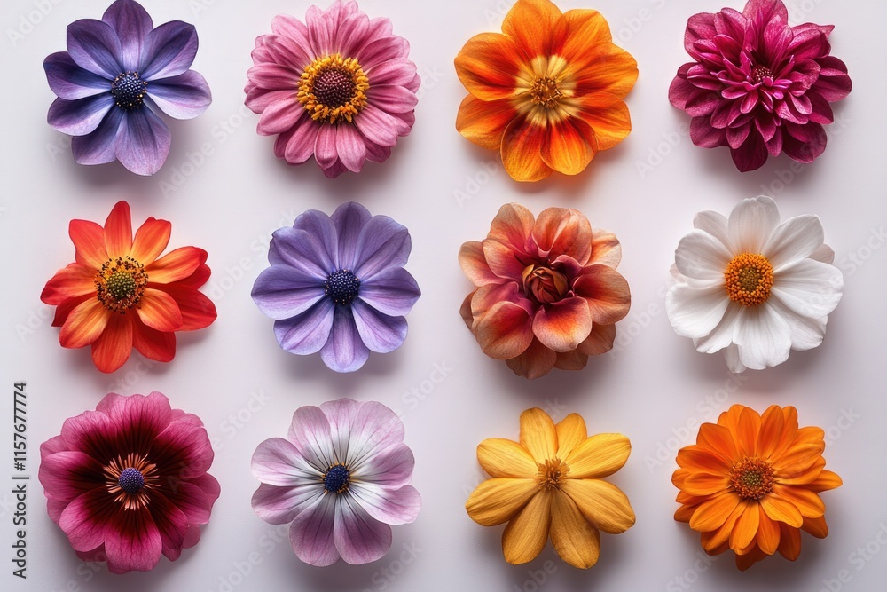 Aufkleber A selection of various colored flowers arranged on a white background