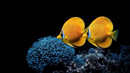 Fototapeta premium Two vibrant yellow fish swim near a blue coral structure against a dark backdrop, showcasing the beauty of underwater life.