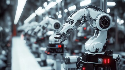 Fototapeta premium panoramic view of an automated assembly line with multiple robotic arms working simultaneously, assembling various car parts