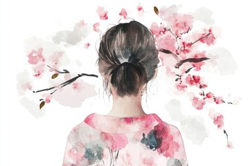 Fototapeta premium A portrait of a woman with a stylish bun and simple clothing, perfect for editorial or lifestyle use