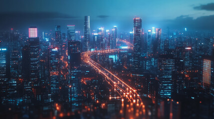 Obraz premium Smart digital Innovation city with connection network reciprocity over the cityscape. of future smart wireless digital city and social media networking systems that connects people with in city