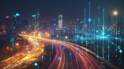 Fototapeta premium Smart digital Innovation city with connection network reciprocity over the cityscape. of future smart wireless digital city and social media networking systems that connects people with in city