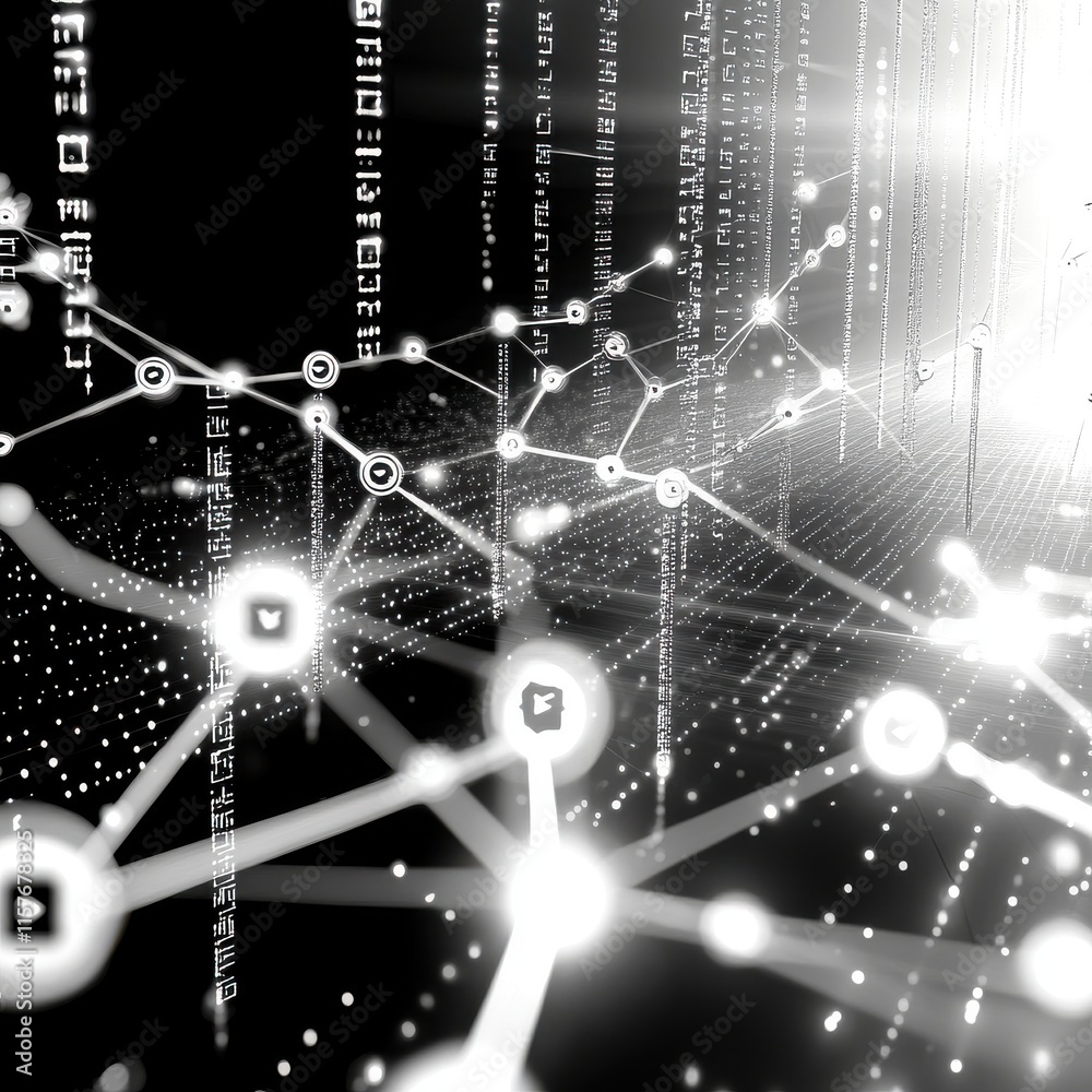 Poster abstract digital network visualization with glowing nodes and interconnected lines against a dark ba