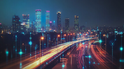 Fototapeta premium Smart digital Innovation city with connection network reciprocity over the cityscape. of future smart wireless digital city and social media networking systems that connects people with in city