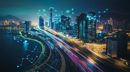 Obraz premium Smart digital Innovation city with connection network reciprocity over the cityscape. of future smart wireless digital city and social media networking systems that connects people with in city