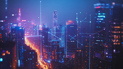 Fototapeta premium Smart digital Innovation city with connection network reciprocity over the cityscape. of future smart wireless digital city and social media networking systems that connects people with in city