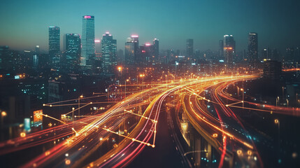Fototapeta premium Smart digital Innovation city with connection network reciprocity over the cityscape. of future smart wireless digital city and social media networking systems that connects people with in city