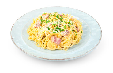 Delicious pasta Carbonara with bacon isolated on white