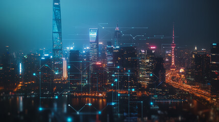 Fototapeta premium Smart digital Innovation city with connection network reciprocity over the cityscape. of future smart wireless digital city and social media networking systems that connects people with in city