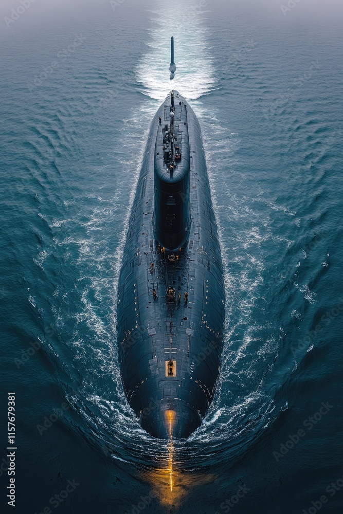 Poster a large submarine floating on the surface of the water