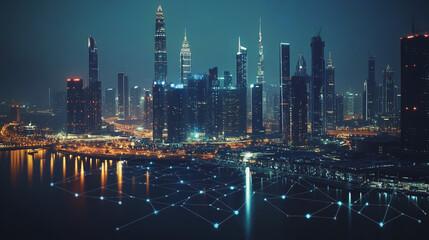 Fototapeta premium Smart digital Innovation city with connection network reciprocity over the cityscape. of future smart wireless digital city and social media networking systems that connects people with in city