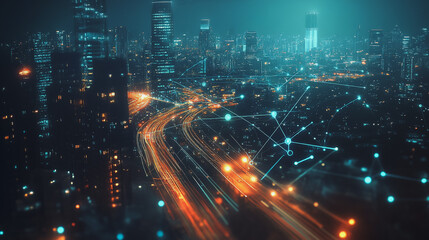 Fototapeta premium Smart digital Innovation city with connection network reciprocity over the cityscape. of future smart wireless digital city and social media networking systems that connects people with in city