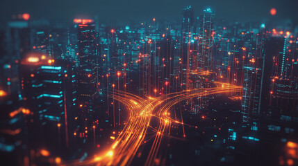 Smart digital Innovation city with connection network reciprocity over the cityscape. of future smart wireless digital city and social media networking systems that connects people with in city