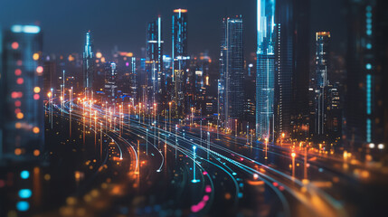 Fototapeta premium Smart digital Innovation city with connection network reciprocity over the cityscape. of future smart wireless digital city and social media networking systems that connects people with in city