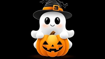 Cute Halloween Ghost Holding Smiling Pumpkin Sticker in Pastel Colors