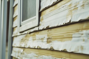 Close-up of a building's exterior wall with peeling paint, worn and weathered