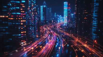 Smart digital Innovation city with connection network reciprocity over the cityscape. of future smart wireless digital city and social media networking systems that connects people with in city