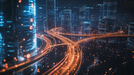 Fototapeta premium Smart digital Innovation city with connection network reciprocity over the cityscape. of future smart wireless digital city and social media networking systems that connects people with in city