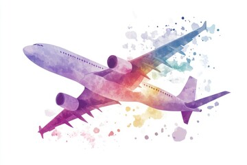 Fototapeta premium A watercolor painting of an airplane flying high in the blue sky