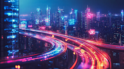 Fototapeta premium Smart digital Innovation city with connection network reciprocity over the cityscape. of future smart wireless digital city and social media networking systems that connects people with in city