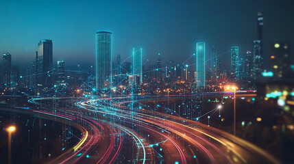 Fototapeta premium Smart digital Innovation city with connection network reciprocity over the cityscape. of future smart wireless digital city and social media networking systems that connects people with in city