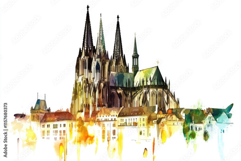 Poster a beautiful watercolor depiction of a large cathedral with intricate details and stunning architectu
