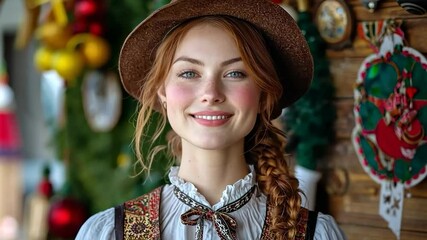 A young German woman of Germanic appearance dressed in traditional attire, embodying the spirit and cultural heritage of Oktoberfest festivities