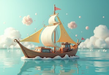 A cartoon sailboat sails on a turquoise sea with fluffy clouds.
