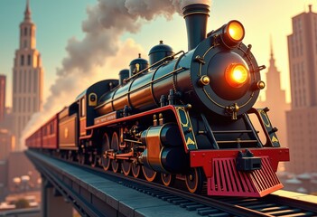 Obraz premium A vintage steam locomotive chugs along a track in a city setting emitting smoke and steam.