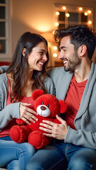 Valentine's Day Couple on Couch Holding Red Teddy Bear
