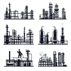 Obraz premium Illustration of industrial facilities with a worker in black attire standing confidently among machinery.